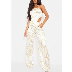 PrettyLittleThing Cream Chain Satin High Waist Wide-Leg Pants Size 8 Night Out